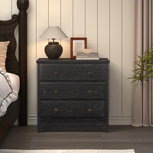 Image of Chogori Farmhouse Solid Wood Nightstand Set of 2, Rustic End Table with 3 Drawers & Vintage Ring Pulls, Sturdy Accent Side Table for Bedroom, Living Room, Hallway (Black-3 Drawers)