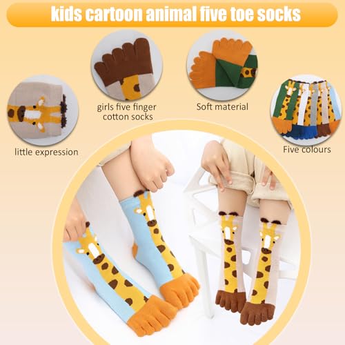 5 Pairs Kids Five Toe Socks, Soft Breathable Giraffe Pattern Cotton Toe-Separated Socks for 3-12 Years4
