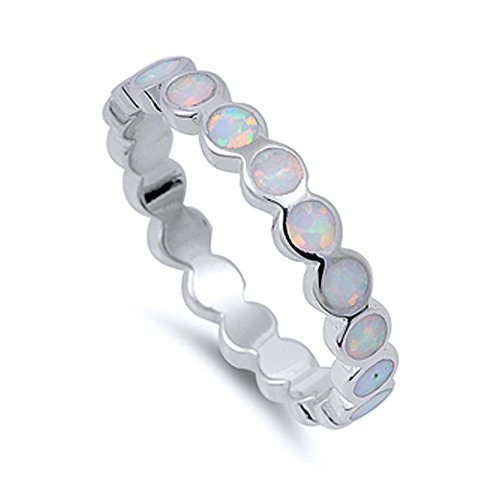 Double Accent Sterling Silver Simulated White Opal Eternity Band Ring 4mm (Size 4 to 10), 10