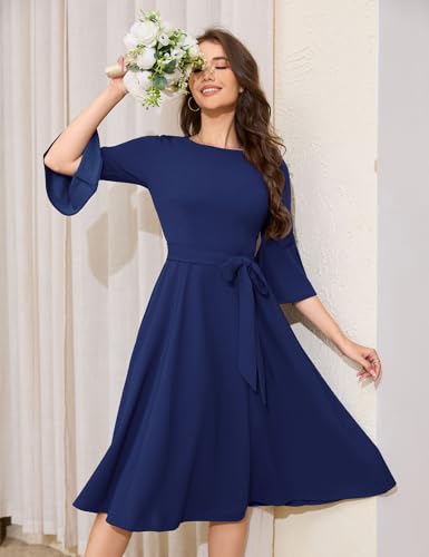Image of HomRain Women's Church Dresses Modest Bell Sleeve Wedding Guest Cocktail Tea Party Vintage Evening Dress