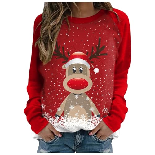 Weihnachtspullover Damen Elch Muster Lustige Weihnachten Rundhals...