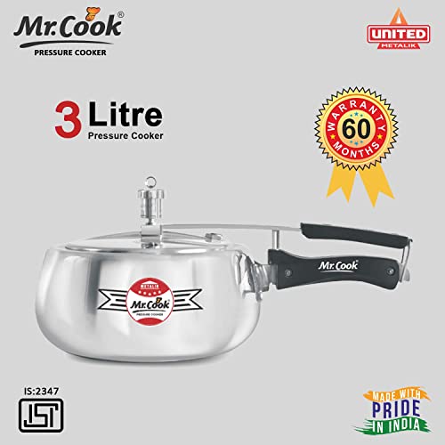Image of MR COOK By United Metalik Super Shine Pressure Cooker with Inner Lid, Induction Base with 3.25mm Thick Aluminium, (Silver) (3 Litre)