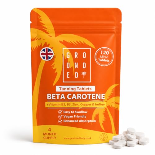 Grounded Beta Carotene Tanning Tablets | 120 Tablets 4 Month Supply | with Zinc Vitamin A B2 B3 Copper & Iodine | High Strength Antioxidant Support | Vegan-Friendly & Made in the UK
