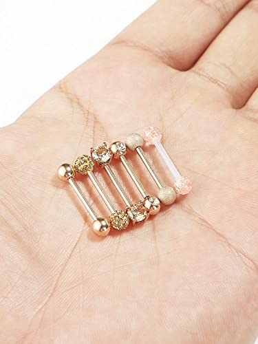 6 Pairs Nipple Tongue Ring Stainless Steel Barbell Rings Cubic Zirconia Nipplerings Body Piercing Jewelry, 14 Gauge (Rose Gold)4