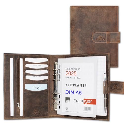 ALMADIH Carpeta de cuero A5 Calendario 2025 + Bloc de notas agenda Personal Organizador Diario documentos Cartera de conferencias Maletin Carpeta de anillas portadocumentos Cuaderno Marrón Vintage