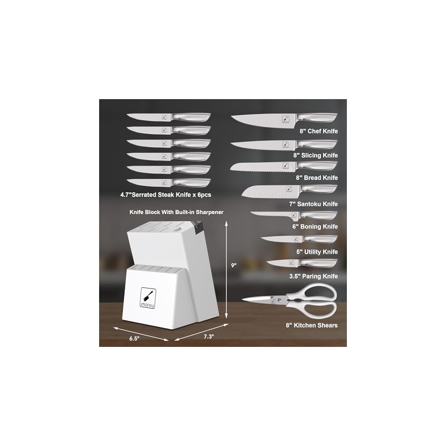 imarku Knife Set, Japanese HC Stainless Steel 15 PCS Kitchen Knife Set With Block With Built-in Sharpener, Razor-Sharp Blade Knife Block Set With Dotted Ergomomic Handle, Birthday Day Gifts, White
