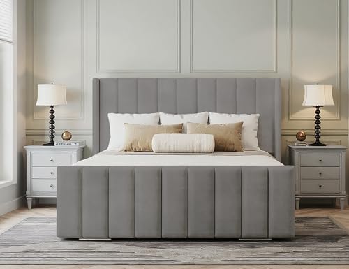Furnishion Vienna Wingback King Size Bed Frame 5ft, Modern Plush Velvet Upholstered Panelled Design, Luxury King Size Beds for Stylish Bedrooms, Strong 5ft Bed Frame with Wooden Slats in Grey Plush - Image 6
