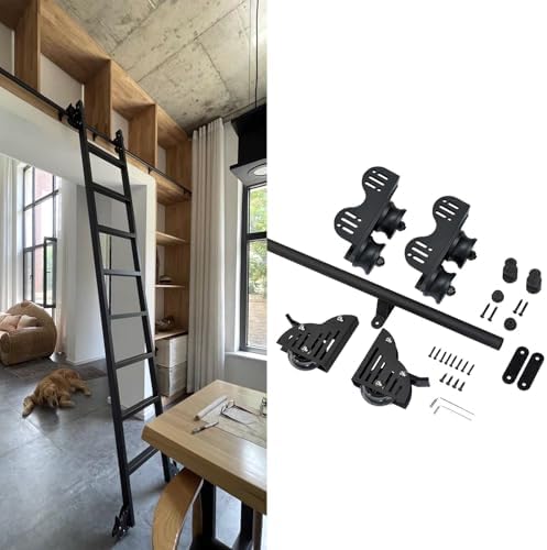 Telescopic Carbon Steel Library Sliding Ladder Hardware Kit with Floor Roller Wheels, 3.3FT to 19.7FT Adjustable Black Hanger Rail System (No Ladder Included) - 13FT Track Kit
