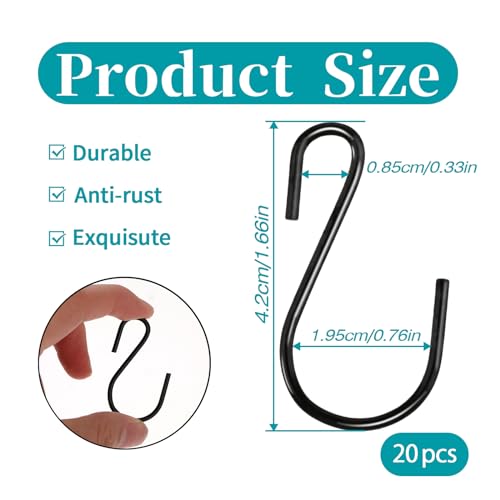 Mozeat Lens 20 Stück Mini S Haken 4,5 cm Edelstahl S-Haken zum Aufhängen S-förmige Hängehaken Schwarz Metall Ornament Haken für Zuhause Büro Badezimmer Küche