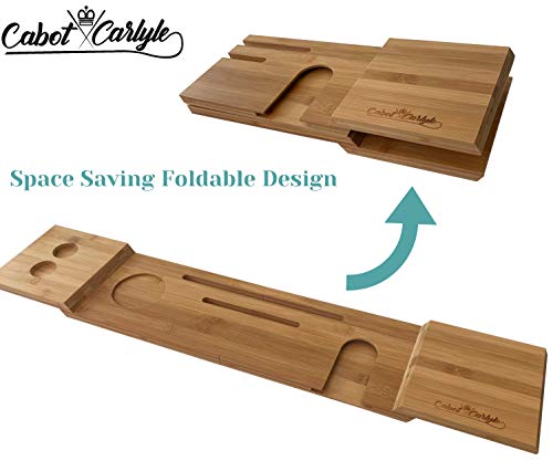 Cabot & Carlyle Luxury Bath Caddy Tray For Tub | Bath Table | Premium Bamboo Bathtub Tray For Tub | Fits All Bath Accessories Wine Glass, Books, Tablets, Cellphones, Shampoo | Bath Shelf Foldable. #TOP2