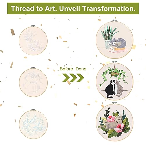 Image of Santune 3 Pack Embroidery Kit for Beginners with Pattern, Cross Stitch Kits for Adults with Instructions,Needlepoint Kits for Adults Include 1 Embroidery Hoops,Color Threads and Needles(Cat)
