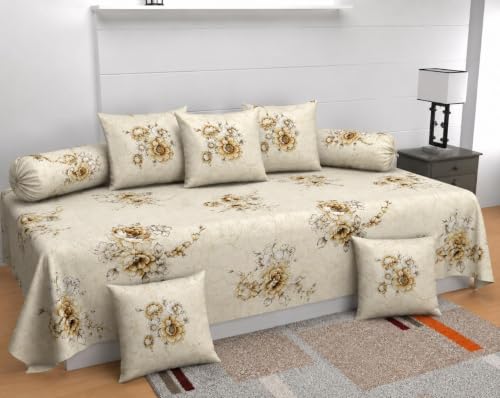 Image of Microfiber Fabric 8Pcs Diwan Blend Set of 60X90 Inch 1Bedsheet 16x16inch 5Cushion Covers 18x28 inch 2Bolster Covers (Ivory Yellow Flower)