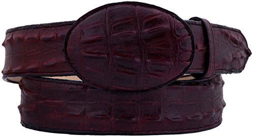 Mens Burgundy Cowboy Belt Crocodile Tail Print Leather Belt Round Buckle