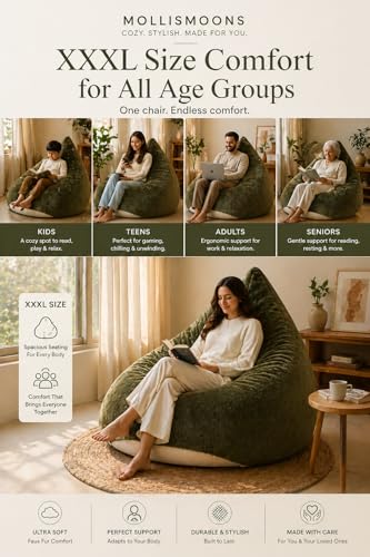 Image of Mollismoons Faux Fur Bean Bag Chair Cover for Adults & Kids | Luxury Lounger & Round Floor Sofa Seating | Modern Cozy Feel | No Beans Included (Oilve Green, Teardrop)
