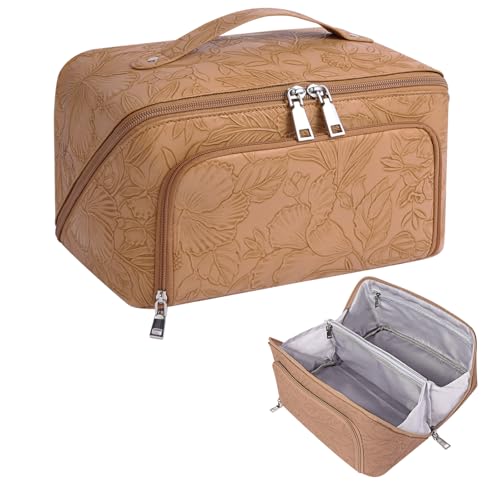 GERYUAEG Travel Makeup Bag, Large Capacity Cosmetic Bags for Women, Waterproof Lining and PU Leather Portable Pouch, Open Flat Toiletry Bag, Make up Organizer with Divider & Handle (Brown)