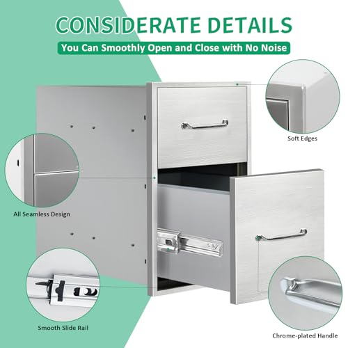 Image of Outdoor Kitchen Drawers 14 inch W x 21 inch H x 21 inch D Stainless Steel Double Drawers with Ergonomic Handle for BBQ Island, Patio Grill Station & Outdoor Kitchen Cabinets