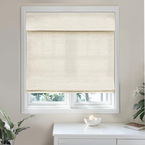 UrMoon Cordless Roman Shades for Window Natural Ramie Woven Roman Blinds Customize Shades with Privacy Protection Room Darkening Blinds for Home Bedroom (Beige, 92" W x 64" H)