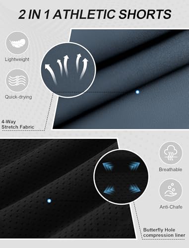 Mens Running Shorts 2 in 1 Gym Workout Shorts 7 inch Quick Dry Athletic Short with Liner Zip Pockets2