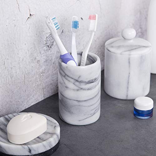 Creative Home Natural Marble Spa Collection Tumbler Toothbrush Holder Makeup Brush Holder Bathroom Countertop Organizer, 3.3" Diam. X 4.5" H, Off-White #TOP5