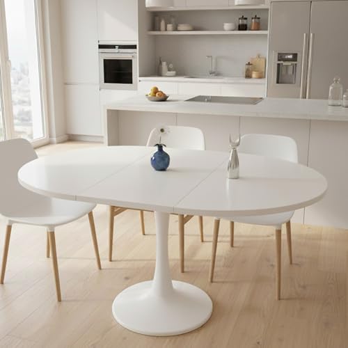 Lumivortex Mesa de comedor redonda extensible, mesa de cocina 100/140 x 100 x 75 cm, mesa de comedor redonda blanca para 2-6 personas, mesa de comedor extensible para habitaciones multifuncionales