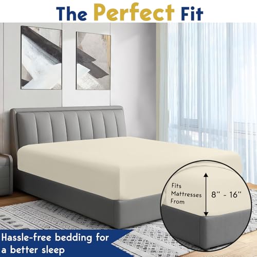 Image of Elastic Fitted Bedsheet Single Size Bed with 2-Pillow Covers 100% Egyptian Cotton Fits 1000 TC Soft & Breathable Luxurious Bedrooms and Hotels Use (Ivory) (Size: 78x48 Inch)