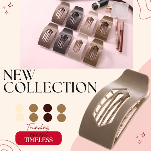 Image of 8 Pack Brown Flat Hair Clips for Women - Large Neutral Glossy No-Slip Rectangle Claw Clips for Thick & Thin Hair, Strong Hold Square Hair Accessories for Everyday Office or Coffee Look