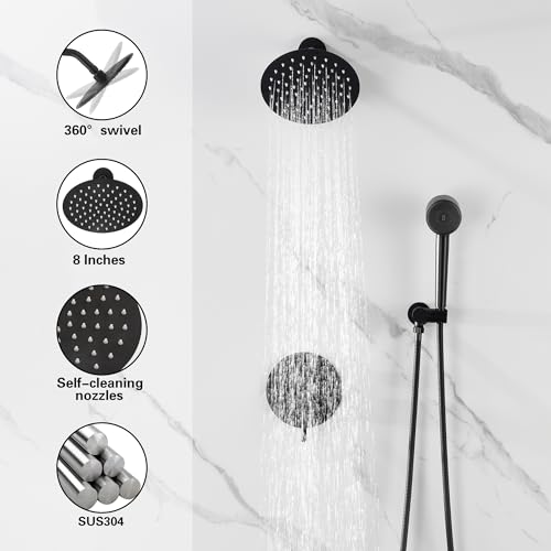 Juego completo de grifería para ducha negra, sistema de ducha con cabezal lluvia de 8 pulgadas y ducha manual de alta presión con 3 funciones, válvula de latón integrada con caja miniatura 4