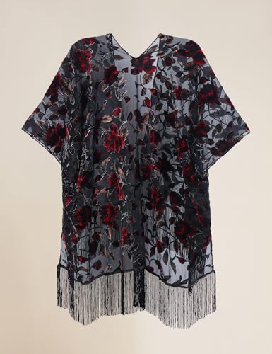 Image of MJ SERECA Women's Burnout Velvet Kimono Cardigan Cover Up with Tassel