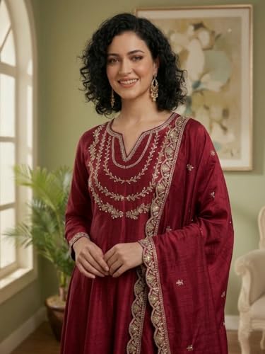Image of Yashika Women's Silk Blend Embroidered Anarkali Kurta Set with Dupatta | Full Length Ethnic Wear for Women | Wedding
