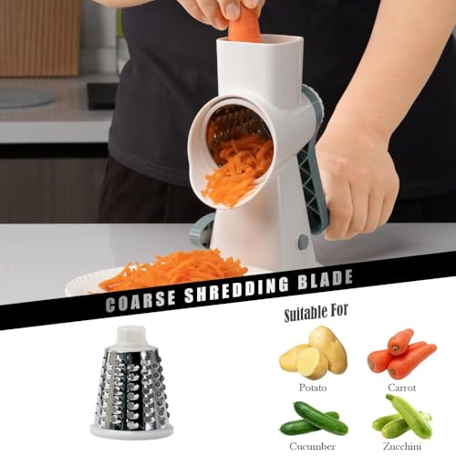 Image of Badelite Cheese Grater Hand Crank Rotating Cheese Shredder Stainless Steel Vegetable Slicer Grater for Kitchen 3 Blades for Cheese, Carrot, Cucumber, Nuts, Chocolate, White