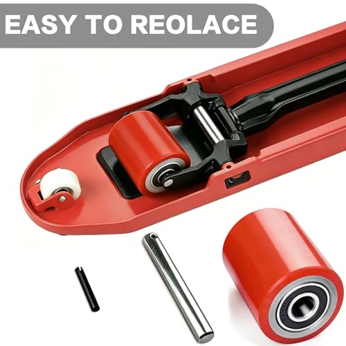 Image of Heavy Duty Pallet Jack Load Wheels Replacement Kit 3 inchx3.75 inch (Red,3 Pair) | Including PU Tread Wheel,Pre-Installed Bearings ID 20mm,Axles(Length 4.8 inch) & Pins, Also for Manual Hand Lift Truck Rear