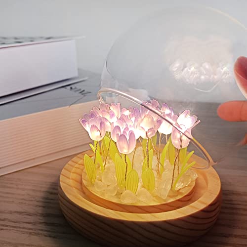 Fusehome Diy Purple Tulip Night Light 20 Flowers, Cute Flower Night Light Handmade Gifts Flower Bedroom Sleeping Lamp Glass Dome Flowers Decor Lamp For Women Birthday Anniversary Mother's Day #TOP3