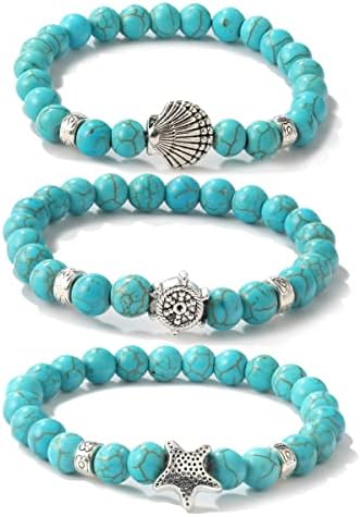 MASYLA Turquoise Bracelet for Women,Healing Crystal Stone Stretch Round Bead Bracelets for Women Men Jewelry(Seashell)