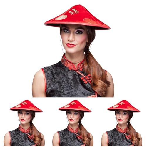 Boland 04234 - Chapeau Changang Changg chinois, rouge, Asie, velours, caractères chinois, couvre-chef, carnaval, fête à thème