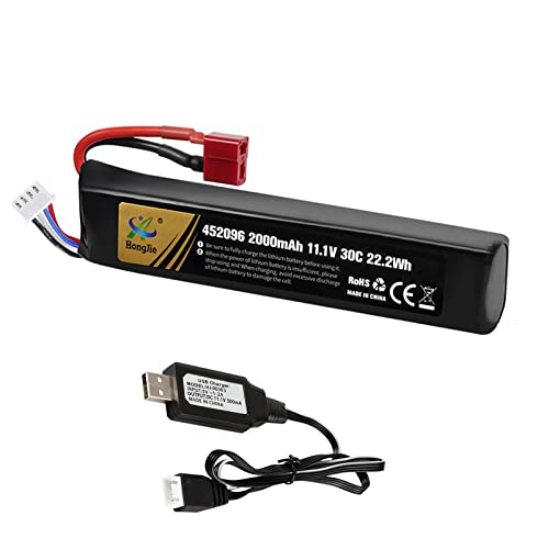 HHZ 11.1V 2000mAh Airsoft Battery 30C Rechargeable LiPo Dean T Plug 452096 for Guns Rifle with USB Cable (3S 452096)