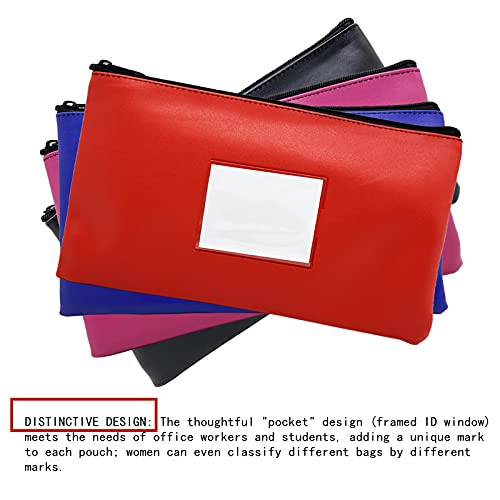 Bank Deposit Money Bag Pouch (4 Pack), Utility Leatherette Securit Vinyl Zipper Wallet Pouches with Framed ID Window and Blank Card for Cash Money, Cosmetics, Tools, 11x6 inches (4 Color) - Thumbnail 3