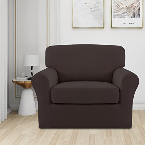 Image of Easy-Going 2 Pieces Stretch Sofa Slipcover for Armchair Washable | Spandex Soft Fitted Sofa Couch Cover for Living Room Washable Furniture Protector with Bottom Kids Pet Chocolate