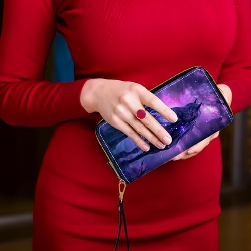 Women's Card Holder Wristlet Wallet, Convenient Travel Long Wallet with Strap and Pink Compact Mirror, Fashion and Sturdy Wristlet Long Purse for Women, Beautiful Horse Glittering Stars2