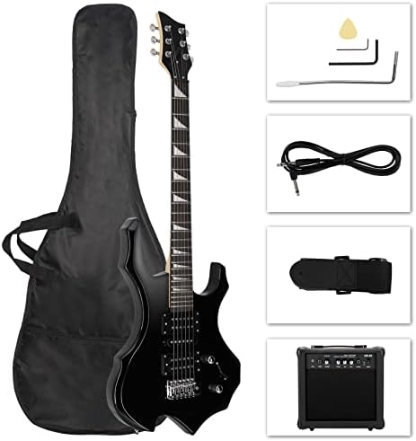 Ktaxon Electric Guitar Burning Fire Design Electric Guitar Kit 36-inch Beginner Guitar with Naturally Air-dried Solid Wood Body, 5-ways Pickup Switch and H-S-H Pickup(Black)