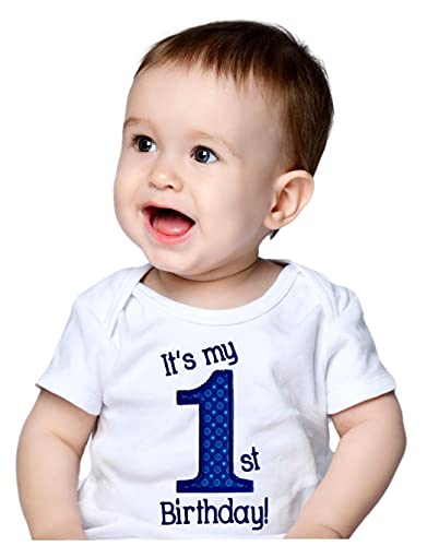 First Birthday Embroidered Year ONE Bodysuit for Baby BOYS Turning 1 (18 MONTHS LONG SLEEVE, ROYAL DOT)