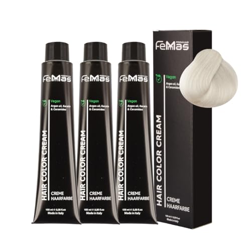 FemMas Haarfarbe 3x Platinblond Asch 11.1 I Creme Haarfarbe mit Arganöl, Keratin & Ceramiden I Als dauerhafte Haarfärbung oder Tönung für strahlende, haltbare Farbergebnisse I 100 ml