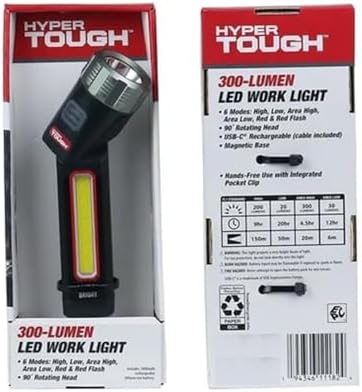 Hyper Tough 300-LUMEN Rechargeable LED Work Light Rotating Flashlight Magnetic Base 6 Modes: HIGH | Low | Area HIGH | Area Low | RED | RED Flash image 5