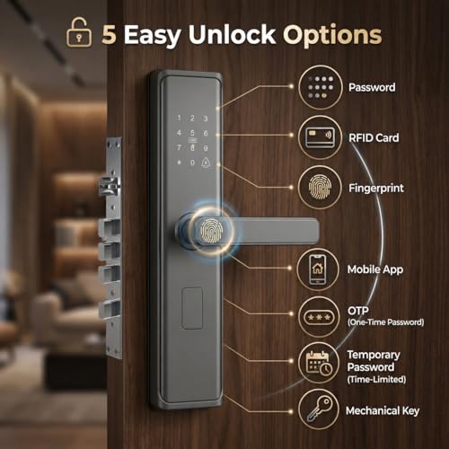 Image of Golens X33 Grey Matte Smart Door Lock | 6-Way Unlock (Fingerprint, PIN, RFID Card, Key, App, Dynamic Password) | USB Emergency Power | Premium Matte Finish Digital Lock