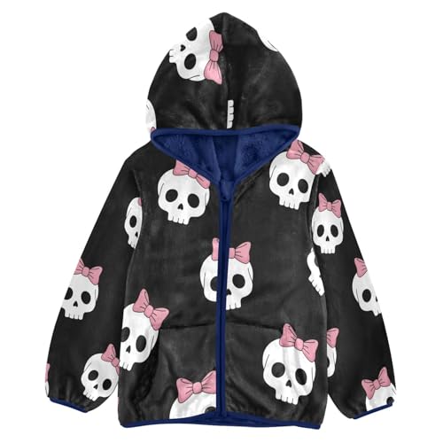Skull Pattern with Pink Bows Toddler Fleece Jacket Girl Boys Hooded Fleece Jacket Coat Warm Outwear Zip-up 3-10T
