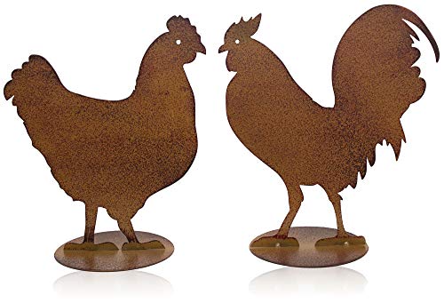 B2S BACK2SEASON Henne & Hahn auf Platte Metall Rostoptik Hühner Deko Tierfigur 2er Set