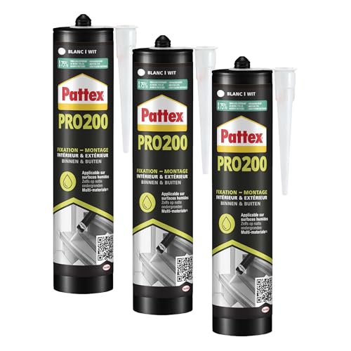 PATTEX Colle Fixation PRO200, mastic de fixation polymère à très fort maintien immédiat, intérieur et extérieur, coloris blanc, cartouche 480 g (Lot de 3)