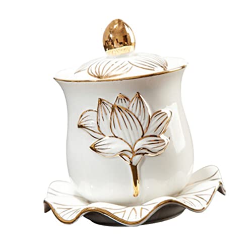 Mipcase Tazza Per Offerte d Acqua in Porcellana Con Fiore Di Loto in Rilievo Coppa Buddista Per Meditazione e Altare Design Elegante Con Vassoio e Coperchio Resistente e Compatto