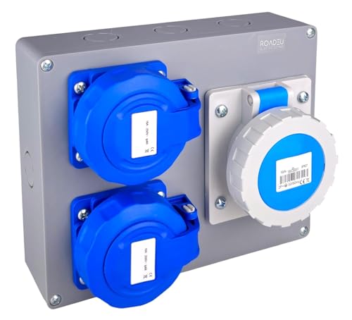 RoadEu – Quadro di Distribuzione Stagno IP67 | 2x Presa Schuko 230V + 1x Presa Industriale CEE 16A 3P | Scatola da Parete Pre-cablata 2,5 mm² per Esterno e Cantiere