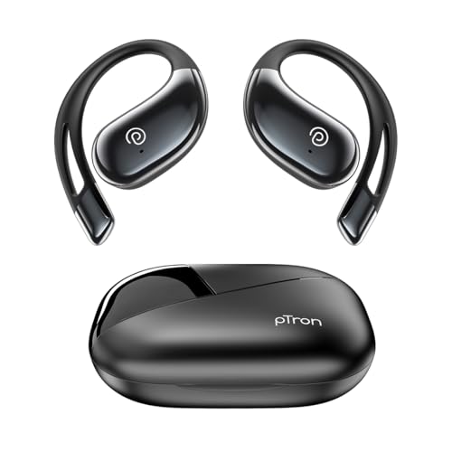 pTron Bassbuds Trendz Open Ear Wireless Earbuds, SafeBeats Design, HD Mics & TruTalk AI-ENC Calls, 45Hrs Playtime, App Support, 14.2mm Drivers, BT6.0 Headphones, Type C Charging & IPX5 (Pearl Black)
