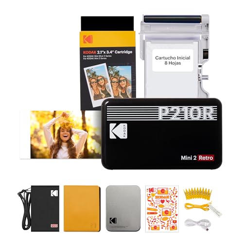 KODAK Mini 2 Retro 4Pass Impresora de Fotos Portátil (5,3x8,6cm) + Pack de Regalo con 68 Hojas (8 Hojas...